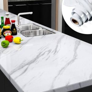 Self Adhesive White Marble Sheet for Kitchen - Anti Oil and Heat Resistant Wallpaper