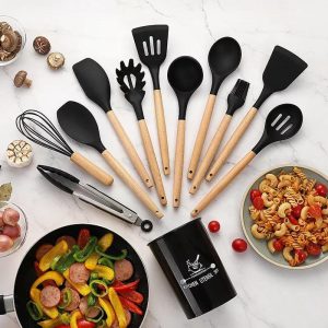 12 pcs set Wooden Handle Silicone Kitchen Utensils With Storage